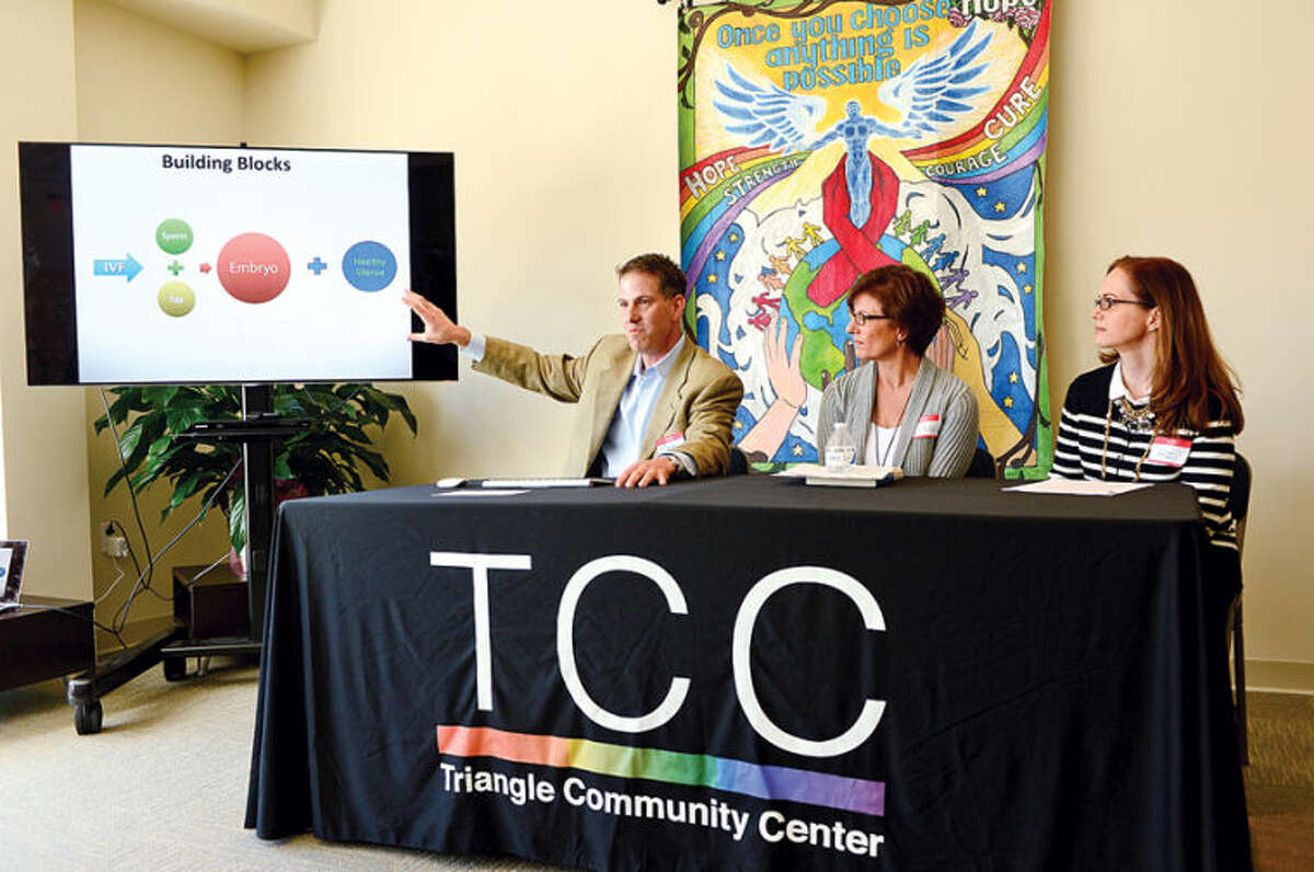 Hour photo / Erik Trautmann Dr. Mark Leondires speaks at a panel discussion with reproductive experts, attorney Liz Faulker and psychologist Lisa Tuttle at the Triangle Community Center during the kick off for it’s Family Building Series Saturday.