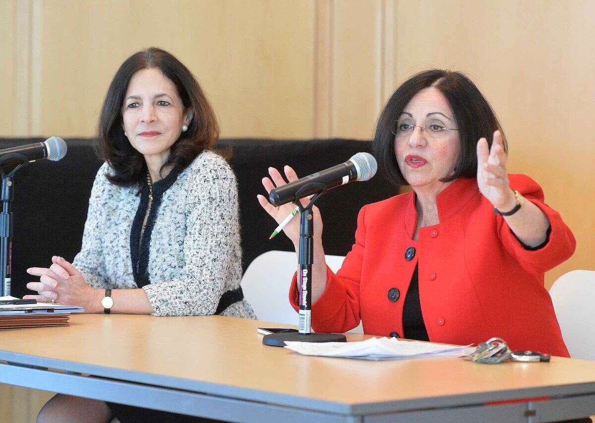State Rep. Gail Lavielle and State Sen. Toni Boucher answer questions during a Wilton Chamber of Commerce legislative breakfast at Wilton Library.