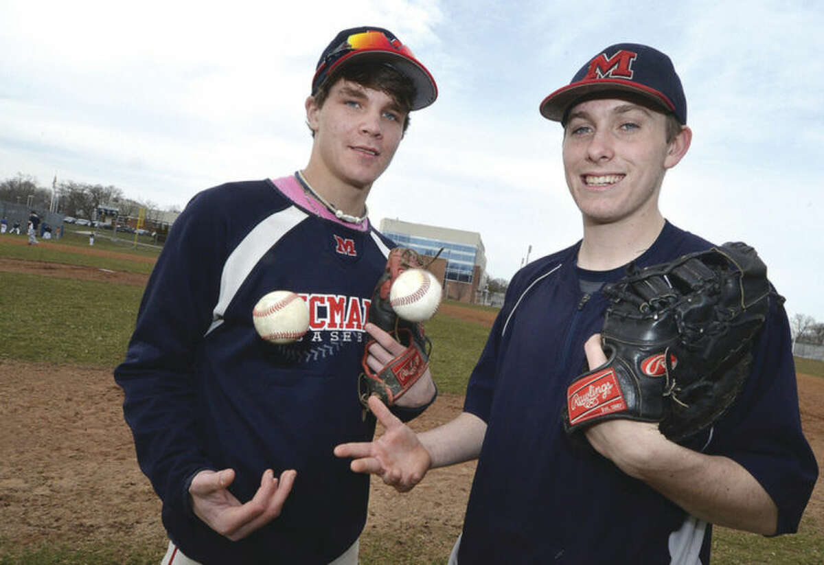 Hour Photo/Alex von Kleydorff McMahon baseball's Alex scallion and Keegan Roberts