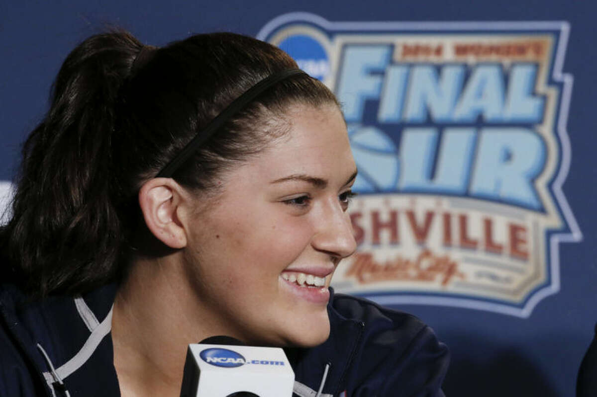 Connecticut center Stefanie Dolson answers questions during a news conference at the NCAA women's Final Four college basketball tournament Monday, April 7, 2014, in Nashville, Tenn. Connecticut is scheduled to face Notre Dame in the championship game Tuesday. (AP Photo/John Bazemore)