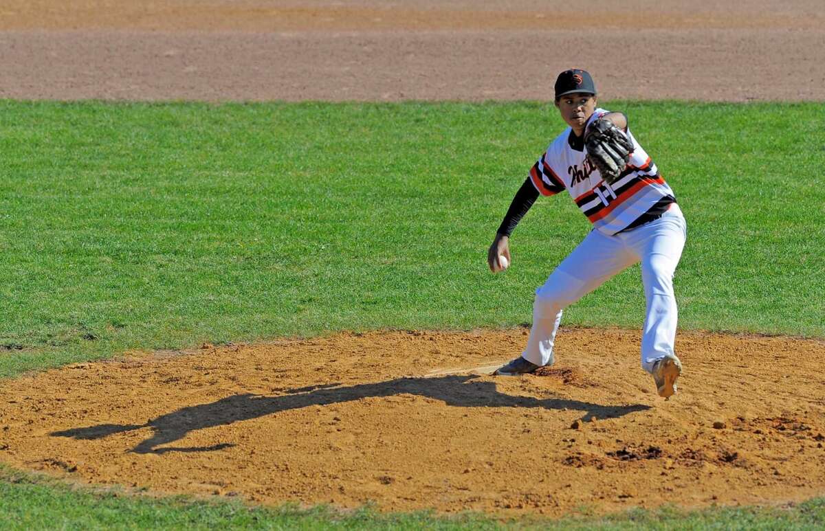 Stamford pitcher Kevin Fuller, who was brought in to relieve Lucas Beldotti in the first inning, delivers a throw in a FCIAC boys baseball game against Norwalk at Stamford High School on April 15, 2016. Norwalk defeated Stamford 8-7.
