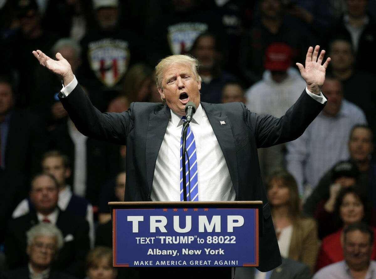 Republican presidential candidate Donald Trump speaks during a rally at the Times Union Center on Monday, April 11, 2016, in Albany, N.Y. (AP Photo/Mike Groll)