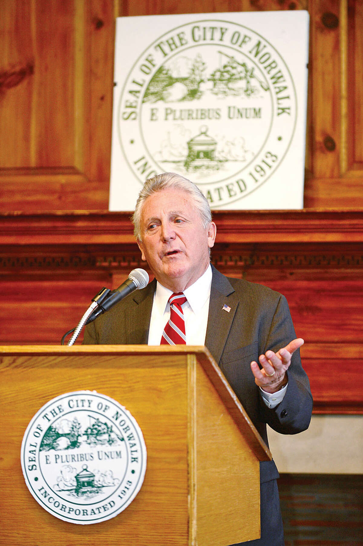 Hour photo / Erik Trautmann Norwalk Mayor Harry Rilling addresses the audience during the 2nd annual Mayor's Summer Youth Employment Breakfast Wednesday at City Hall where businesses learned of the benefits of interning Norwalk High School students.