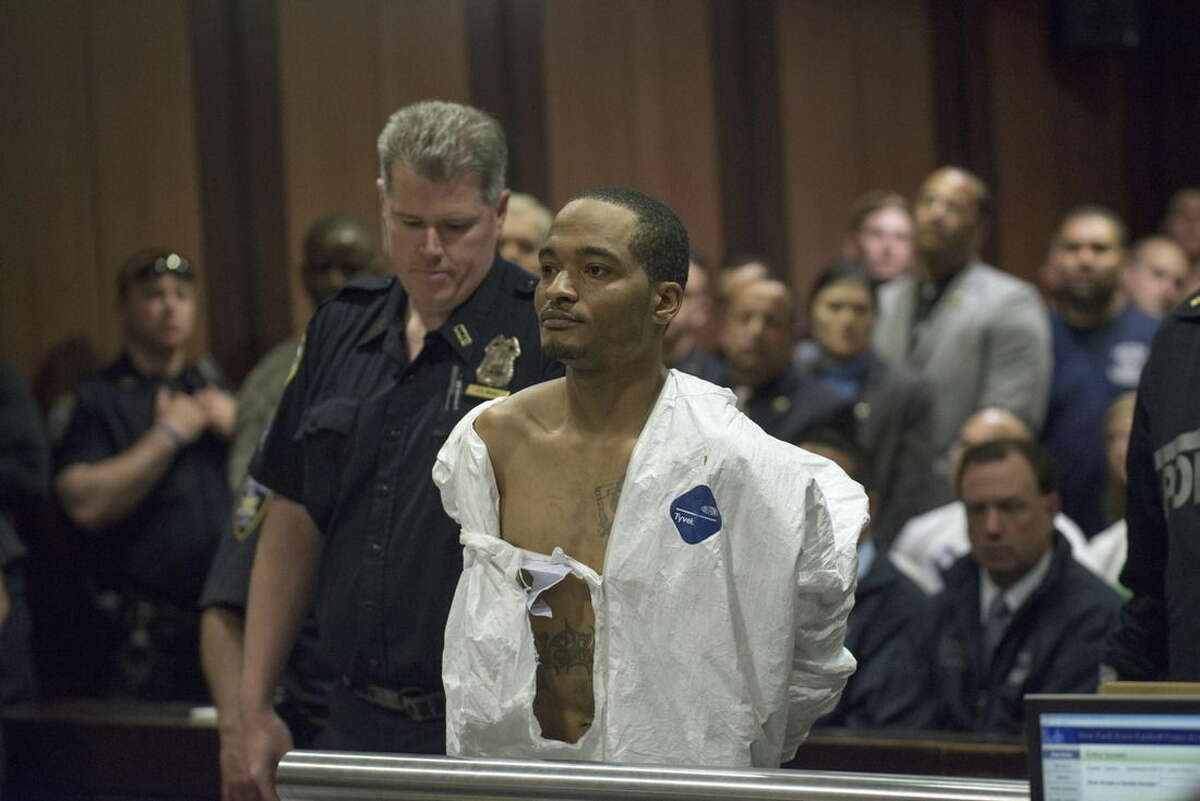 Demetrius Blackwell appears in court for his arraignment Sunday, May 3, 2015, in the Queens borough of New York. Blackwell who is accused of shooting a New York City police officer in the head was ordered held without bail Sunday on charges including attempted murder. (Theodore Parisienne/The Daily News via AP, Pool)