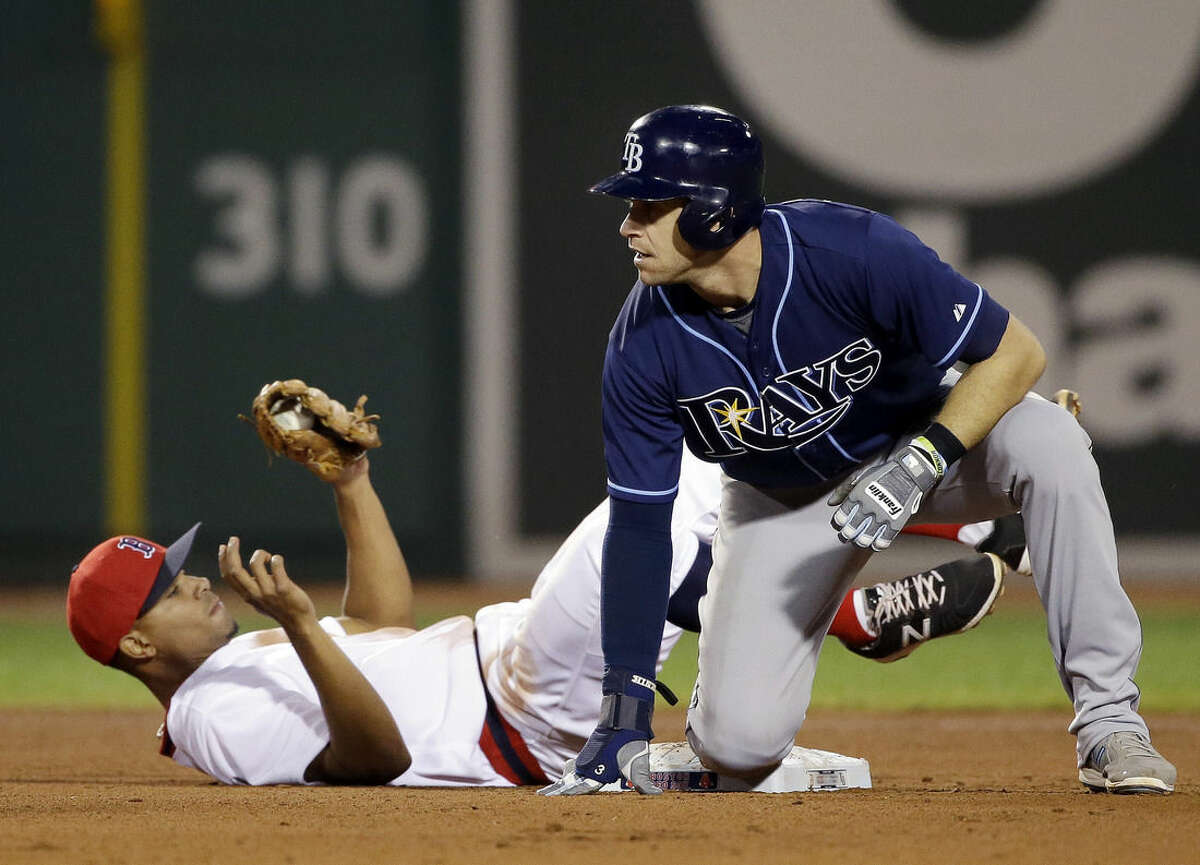 Boston Red Sox shortstop Xander Bogaerts holds onto the ball after Tampa Bay Rays' Evan Longoria is doubled off second base on a line drive to centerfield by Logan Forsythe in the fourth inning of a baseball game against the Boston Red Sox at Fenway Park in Boston, Tuesday, May 5, 2015. (AP Photo/Elise Amendola)