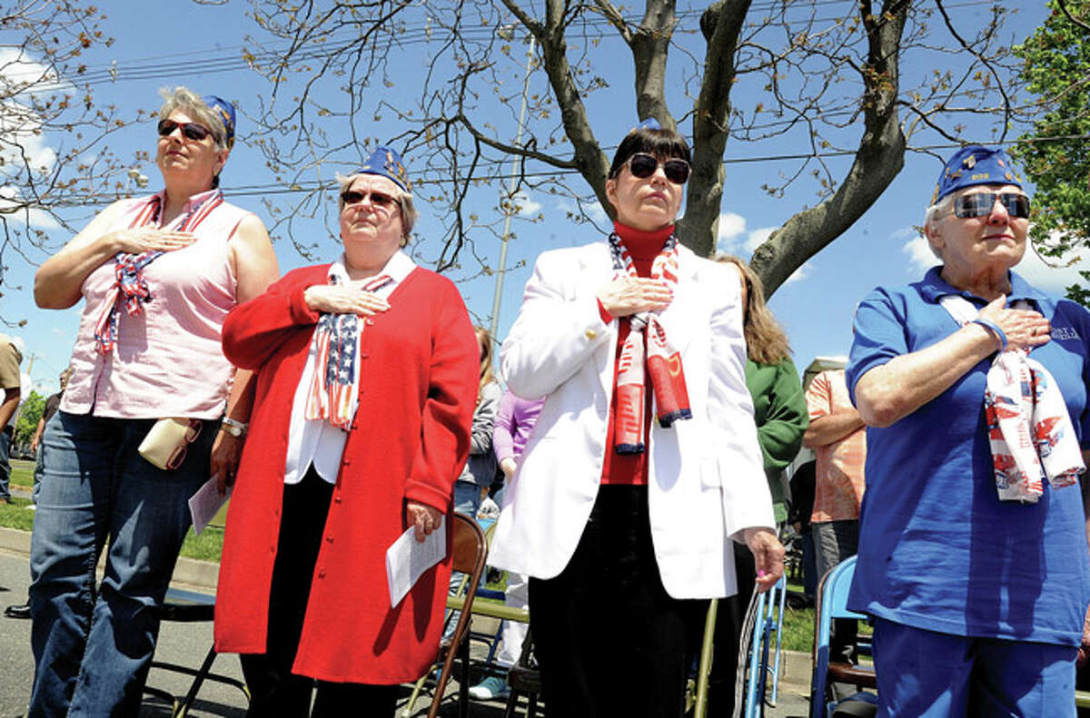 Members of the Norwalk VFW Auxillary, Joan Thant, Lynne Renzulli, Carol Jacobson and Marge Grindstaff at the the Shea-Magrath Memorial Ceremony Sunday at Calf Pasture Beach. Hour photo/Matthew Vinci