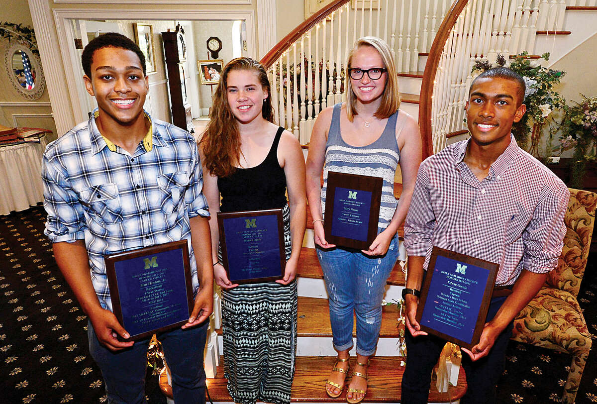 Brien McMahon High School held its annual Senior Athletes Awards Breakfast Tuesday morning at Chatham Manor. Among the seniors honored were (left-to-right) Timothy Hinton, the Male Career Athlete, Ryan Lajoie, Female Career Athlete, Mary Hussey, Female Scholar-Athlete, and Edwin Owolo, the Male Scholar-Athlete. (Hour photo/Erik Trautmann)