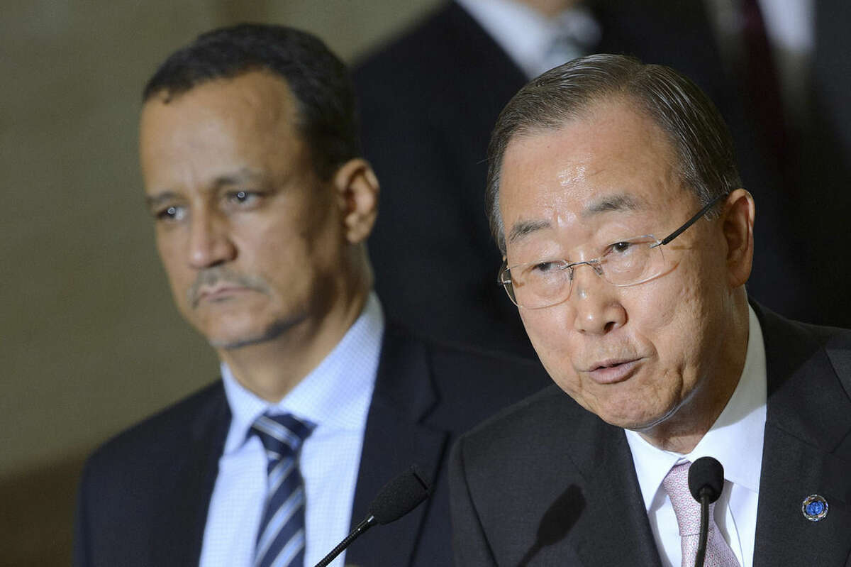 UN Secretary-General Ban Ki-moon, right, speaks next to The United Nations Special Envoy for Yemen Ismail Ould Cheikh Ahmed, left, on the first day of the Geneva Consultations on Yemen peace talks between Yemen's warring factions, at the European headquarters of the United Nations, UN, in Geneva, Switzerland, Monday, June 15, 2015. U.N. chief Ban Ki-moon pressed Monday for a halt to fighting in Yemen at the beginning of Ramadan, which starts later this week, as the world body launched talks aimed at brokering peace. (Martial Trezzini/Keystone via AP)