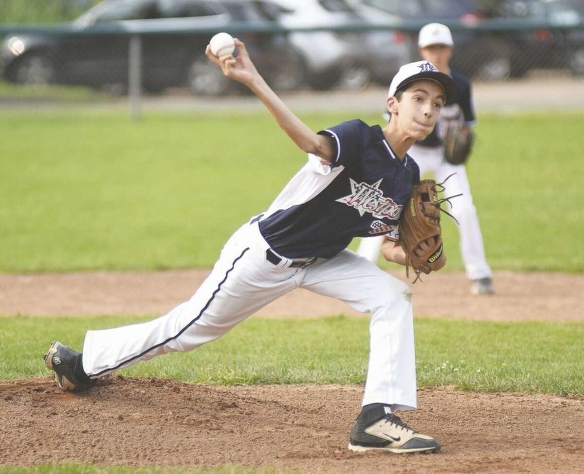 Hour photo/John Nash Westport Little League 12-year-old All-Star pitcher Hayden Jamali fires to the plate during Thursday's District 2 All-Star game at Unity Park in Trumbull.