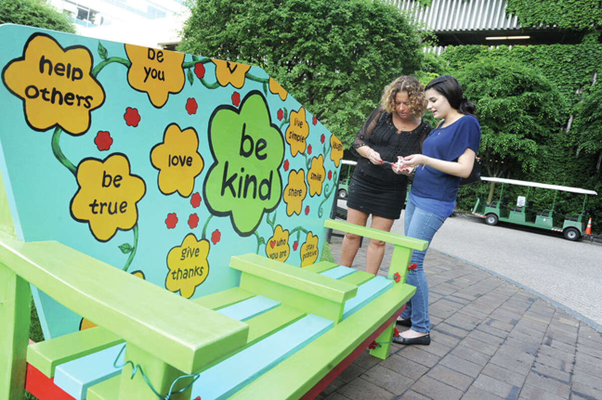 Taryn Pelli and Sabrini Taylor admire the Be Kind and Recline art bench in front of the Stamford Marriott Hotel in Spa. The bench is part of the Street Seats in Stamford Downtown, an interactive outdoor sculpture exhibit, which consists of 40 originally designed and painted wooden benches throughout Stamford Downtown and at the Stamford Town Center. The benches will be on display all summer.