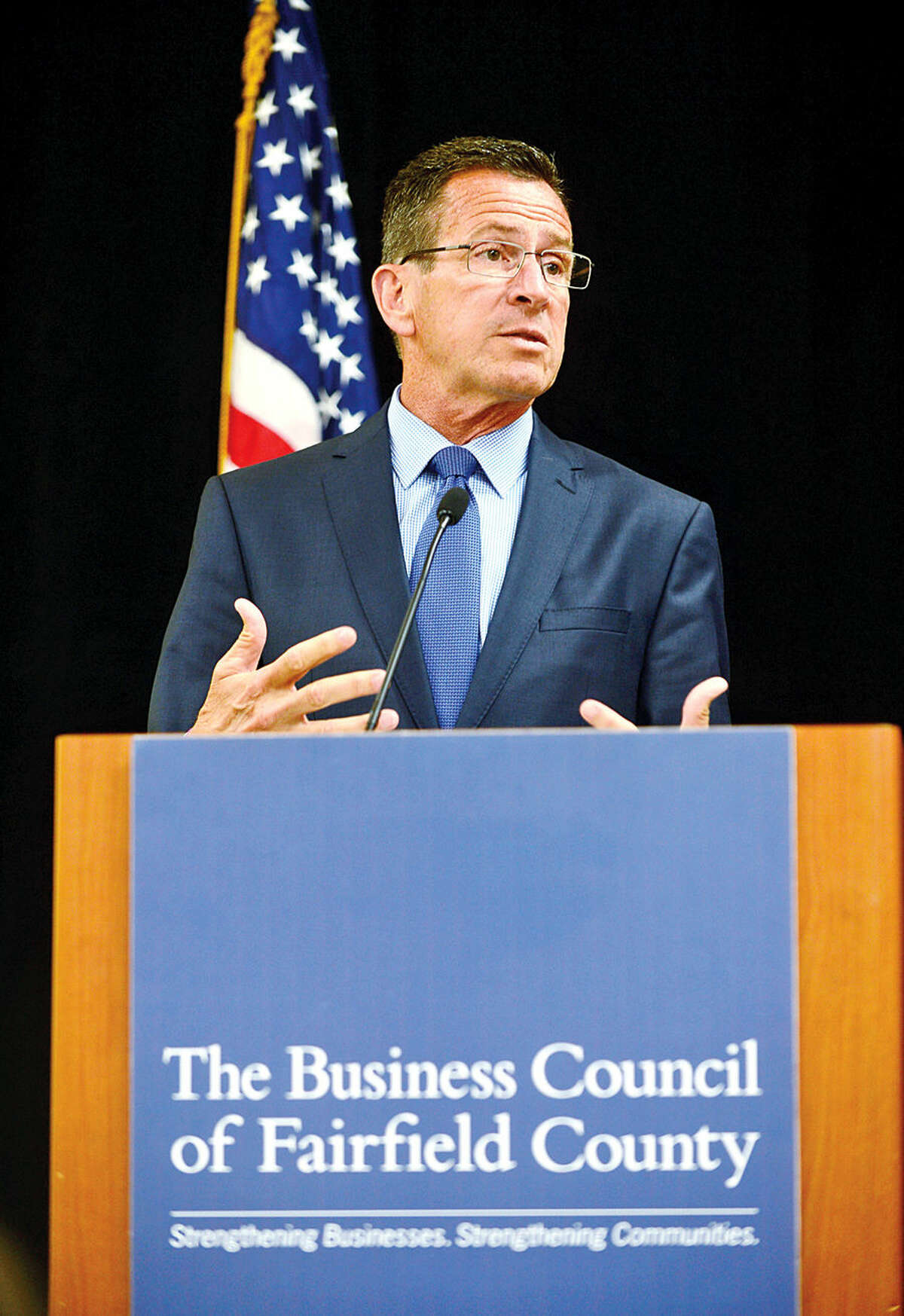 In this file photo, Gov. Dannel P. Malloy, the keynote speaker at The Business Council of Fairfield County’s 45th Annual Members’ Luncheon, speaks about his administration's top agenda items, including creating jobs and making long-overdue investments in the state's transportation infrastructure at the Stamford Sheraton Wednesday.