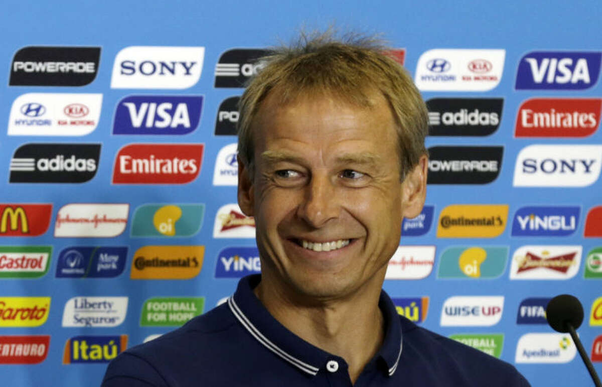 United States' head coach Jurgen Klinsmann attends a press conference before an official training session the day before the group G World Cup soccer match between Ghana and the United States at the Arena das Dunas in Natal, Brazil, Sunday, June 15, 2014. (AP Photo/Dolores Ochoa)