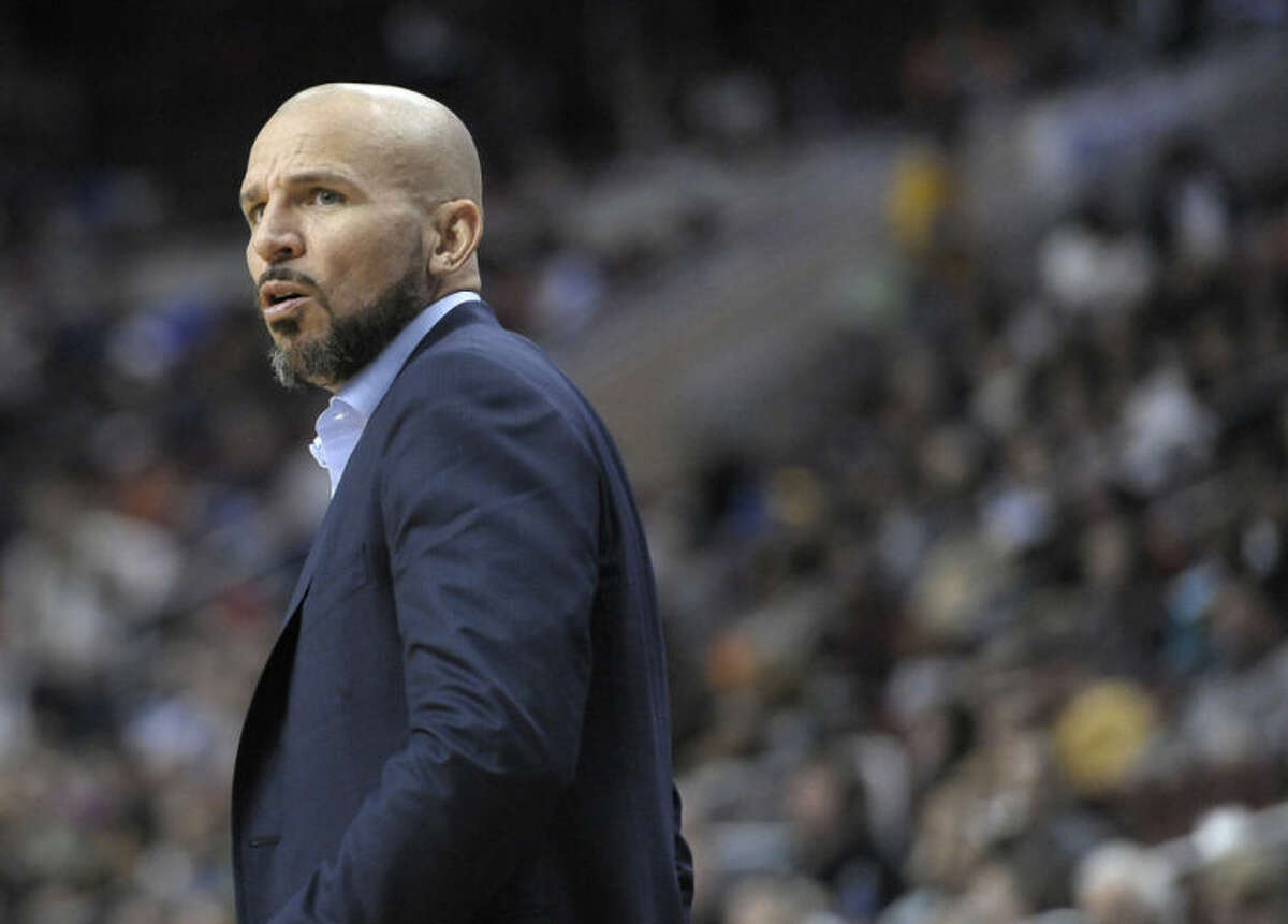 In this Saturday, April 5, 2014 photo, Brooklyn Nets head coach Jason Kidd is seen during an NBA basketball game against the Philadelhia 76ers, in Philadelphia. Kidd is talking to the Milwaukee Bucks about a position after losing his bid for front-office power with the Nets, a person with knowledge of the details said Saturday, June 28, 2014. (AP Photo/Michael Perez)