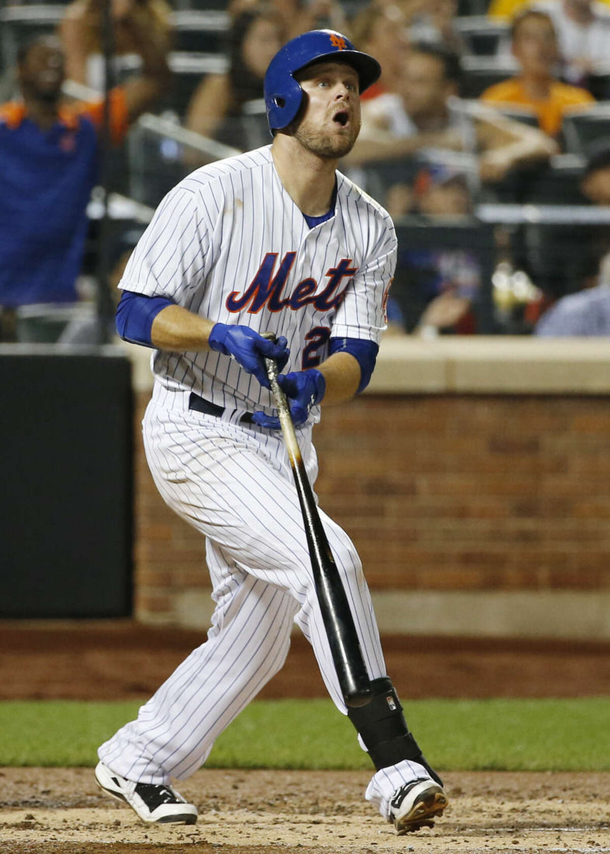 New York Mets Lucas Duda reacts to hitting a third-inning, two-run home run off Washington Nationals starting pitcher Jordan Zimmermann during a baseball game in New York on Sunday, Aug. 2 2015. Zimmerman allowed five runs in the inning, including a second, two-run home run to the Mets' Curtis Granderson. (AP Photo/Kathy Willens)