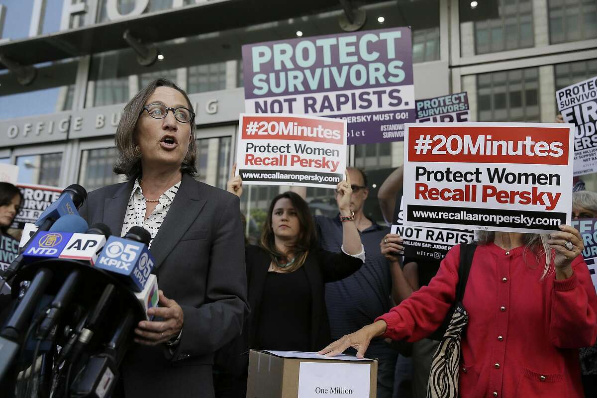 Stanford law professor Michele Dauber speaks at a rally before activists delivered over one million signatures to the California Commission on Judicial Performance calling for the removal of Judge Aaron Persky from the bench Friday, June 10, 2016, in San Francisco. 