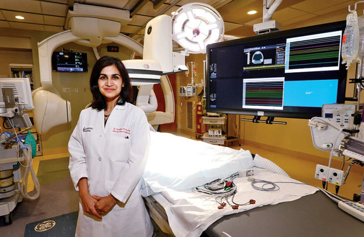 Dr. Sandhya Dhruvakumar, medical director of electrophysiology at Stamford Hospital, in the hospital’s new, state-of-the-art electrophysiology lab that includes biplane fluoroscopy to provide enhanced imaging in real-time and reduced radiation exposure, the most advanced 3D mapping system for catheter navigation within the heart and the newest ablation techniques.