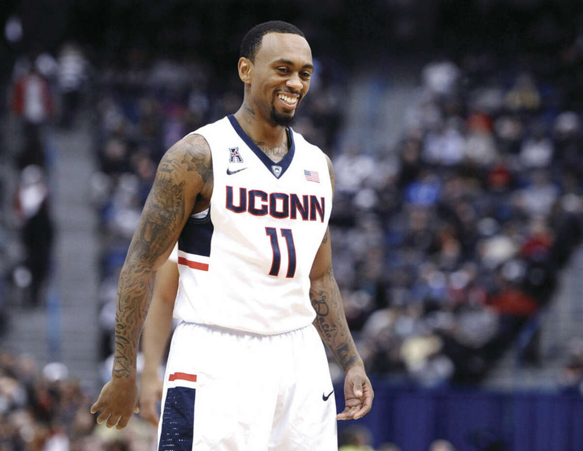Connecticut's Ryan Boatright smiles during the first half of an NCAA college basketball game against South Florida, Sunday, Jan. 25, 2015, in Hartford, Conn. Boatright had a career-high 28 points in UConn's 66-53 win over USF. (AP Photo/Jessica Hill)