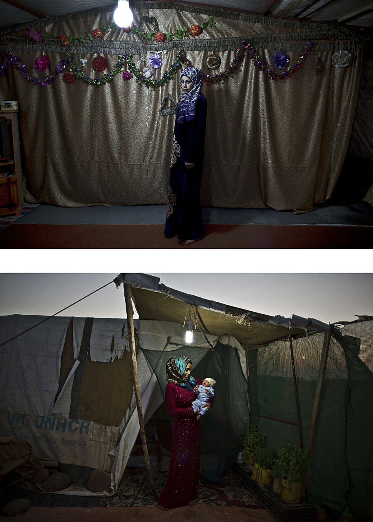 COMBO - This combination of two images taken between Tuesday, March 17, 2015, top, and Saturday, Aug. 1, 2015, shows Syrian refugee Huda Alsayil, 20, posing for a picture while being pregnant, and after giving birth to her child, at an informal tented settlement near the Syrian border, on the outskirts of Mafraq, Jordan. After delivering Mezwid, her first son, despite fears of medical complications, Alsayil says she now feels “complete” for the first time in months. Holding him feels like the best gift I could be granted,” she says. (AP Photo/Muhammed Muheisen)