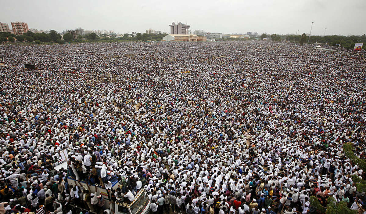 Tens of thousands of protestors from Gujarat’s Patel community participate in a rally in Ahmadabad, India, Tuesday, Aug. 25, 2015. The members of the community from this western Indian state are demanding affirmative action for better access to education and employment. (AP Photo/Ajit Solanki)