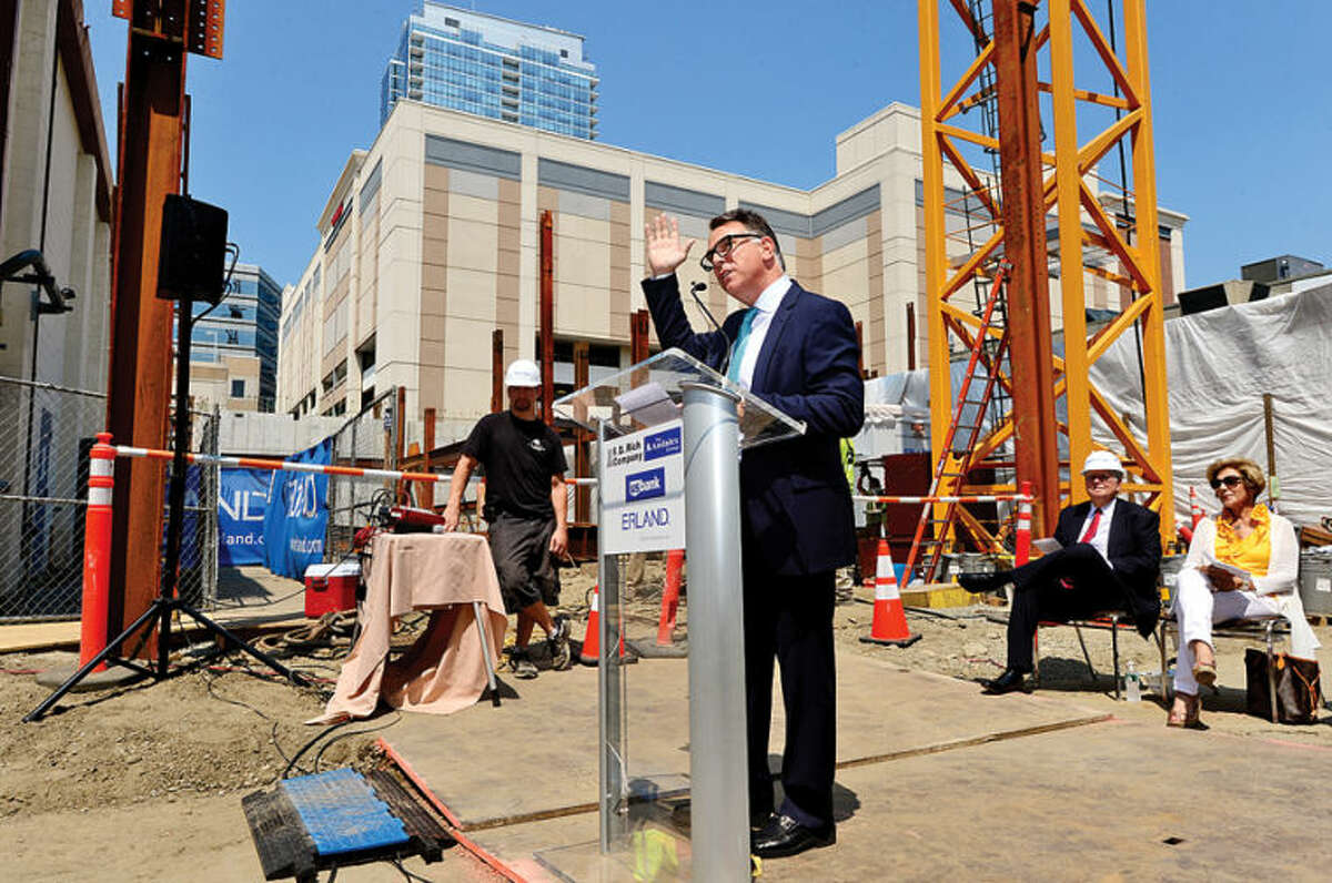 Tom Rich of the F. D. Rich Company speaks during a groundbreaking ceremony for the Summer House project located on lower Summer Street in Stamford. The 21-story apartment complex will incorporate 2,700 square feet of retail/restaurant space, 226 residential units and a fifth floor amenities space that includes a pool.