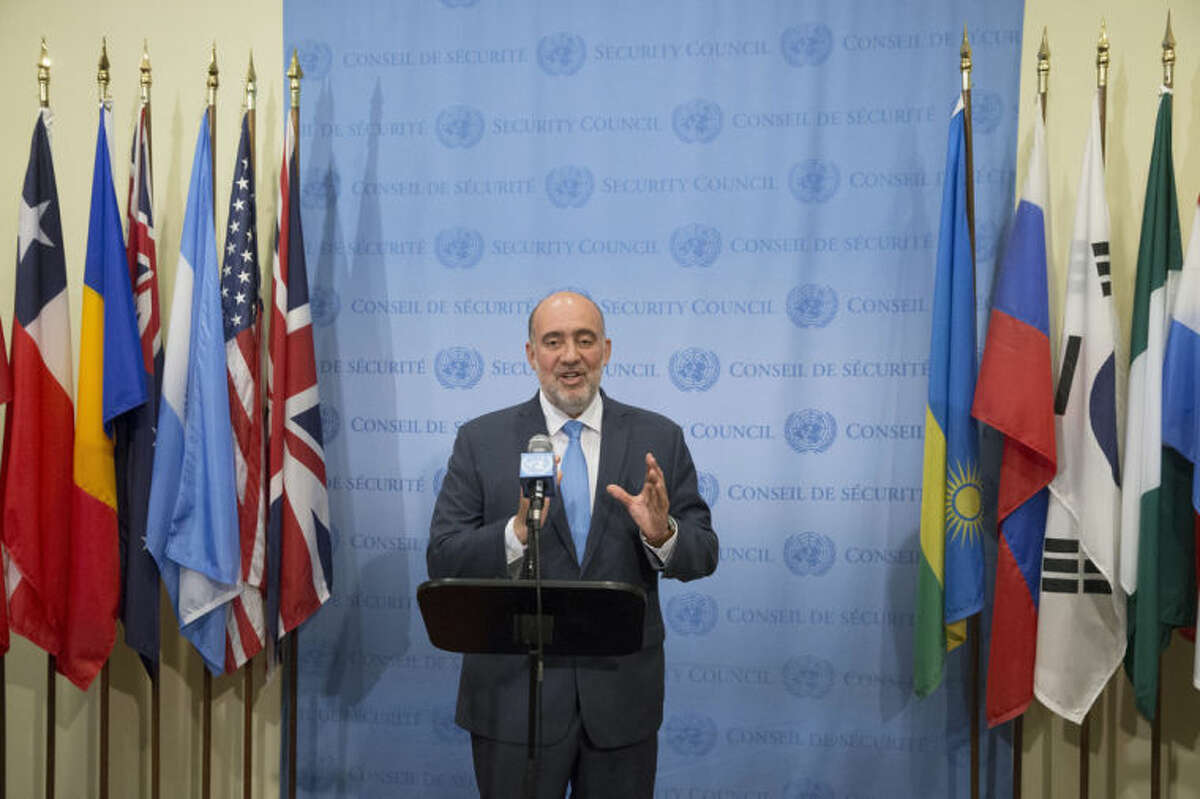 Israeli U.N. Ambassador Ron Prosor speaks following a meeting of the U.N. Security Council on the worsening situation in Gaza at United Nations headquarters, Monday, July 28, 2014. The U.N. Security Council called for "an immediate and unconditional humanitarian cease-fire" in the Gaza war between Israel and Hamas at an emergency meeting just after midnight Monday morning. (AP Photo/John Minchillo)