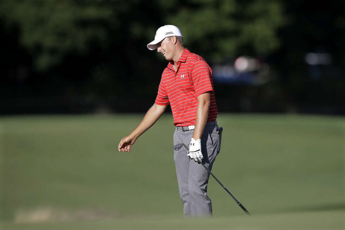 Jordan Spieth reacts to his missed putt on the 18th hole during the second round of play at The Barclays golf tournament Friday, Aug. 28, 2015, in Edison, N.J. (AP Photo/Mel Evans)