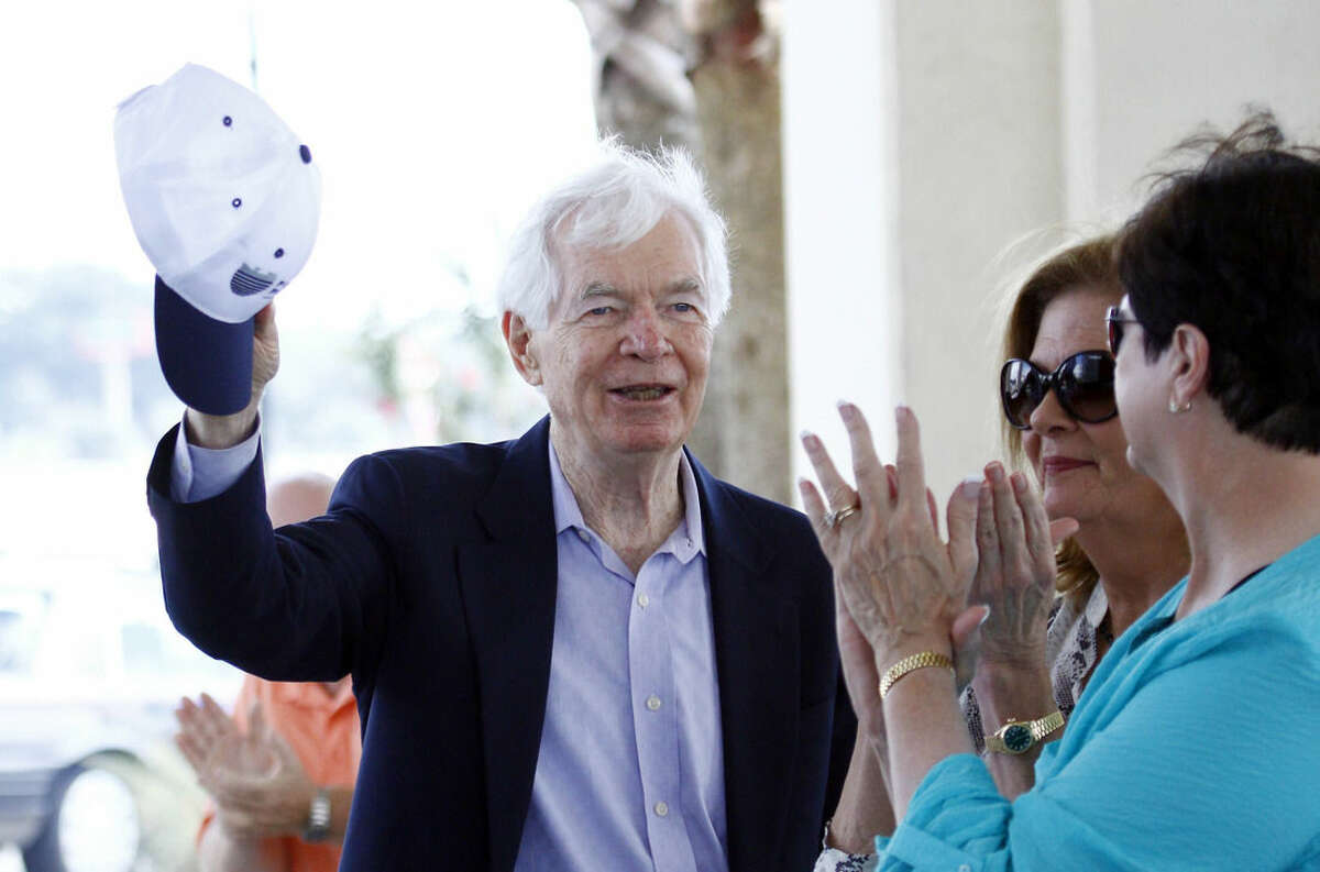 U.S. Sen. Thad Cochran, R-Miss., waves after being acknowledged for his role in the recovery process of the Mississippi Gulf Coast during a Katrina 10 Year Remembrance in Gulfport, Miss., Saturday, Aug. 29, 2015. The faith oriented program drew about 400 people including community members, volunteers, public officials and first responders. (AP Photo/Rogelio V. Solis)