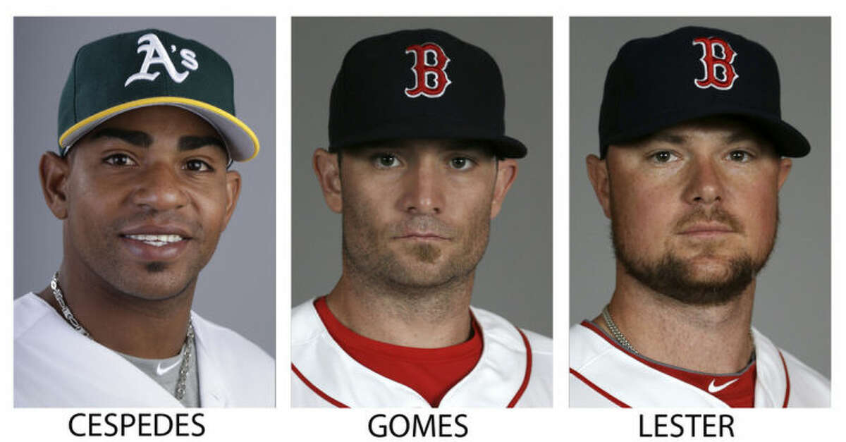 FILE - From left are 2014 file photos showing Oakland Athletics' Yoenis Cespedes, and Boston Red Sox players Jonny Gomes and Jon Lester. A person with knowledge of the trade says the Athletics have won the Jon Lester sweepstakes, acquiring the left-hander along with outfielder Jonny Gomes from the Red Sox for slugging outfielder Yoenis Cespedes before Thursday's, July 31, 2014, trade deadline. The person spoke on condition of anonymity because neither club announced the deal. (AP Photo/File)