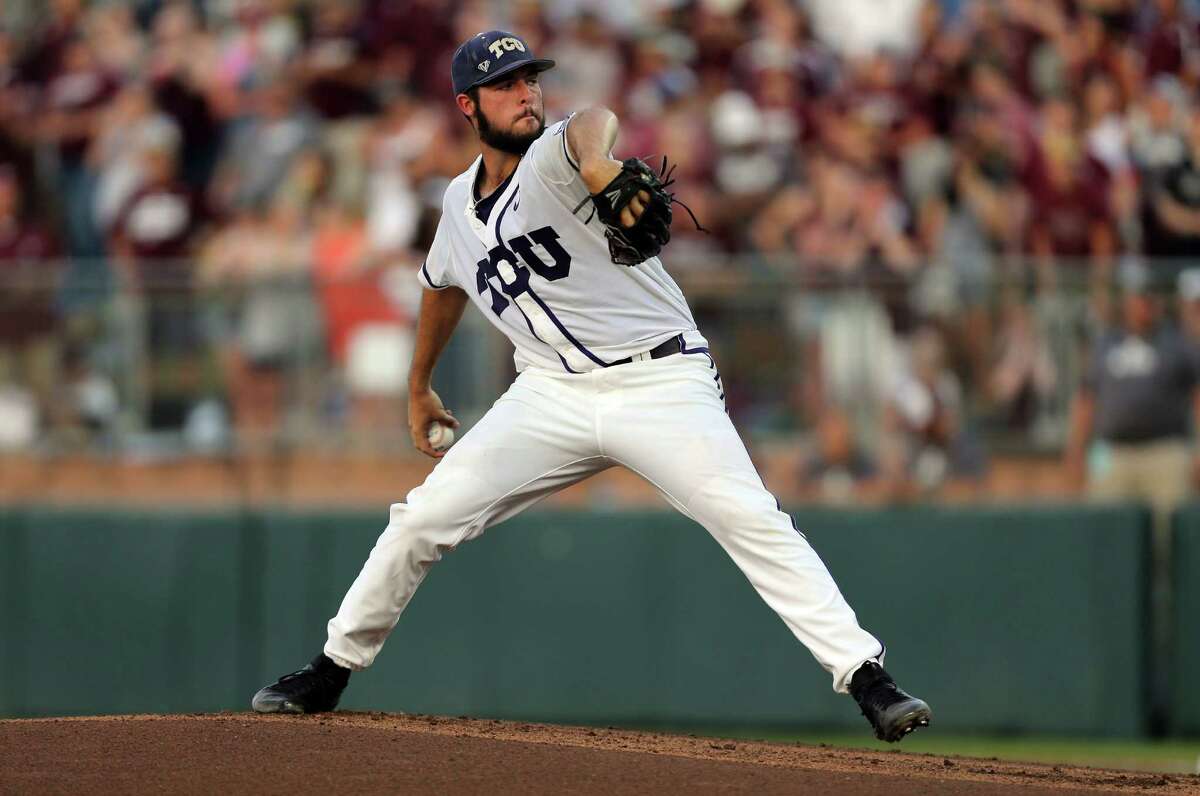 TCU's Mitchell Traver pitches against Texas A&M during the first inning of an NCAA college baseball tournament super regional game Saturday, June 11, 2016, in College Station, Texas. (AP Photo/Sam Craft)