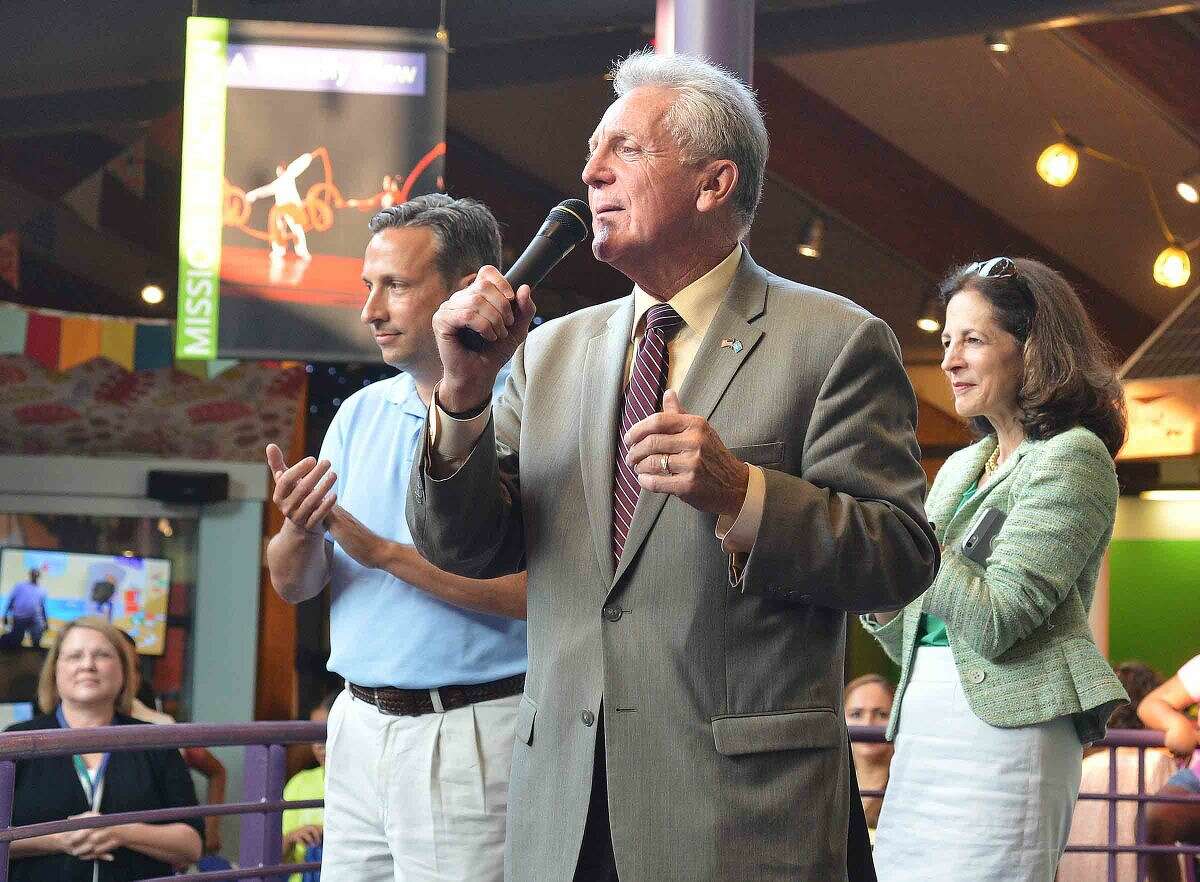 Hour Photo/Alex von Kleydorff Mayor Harry Rilling speaks to the crowd during Back to School night at Stepping Stones Museum for Children