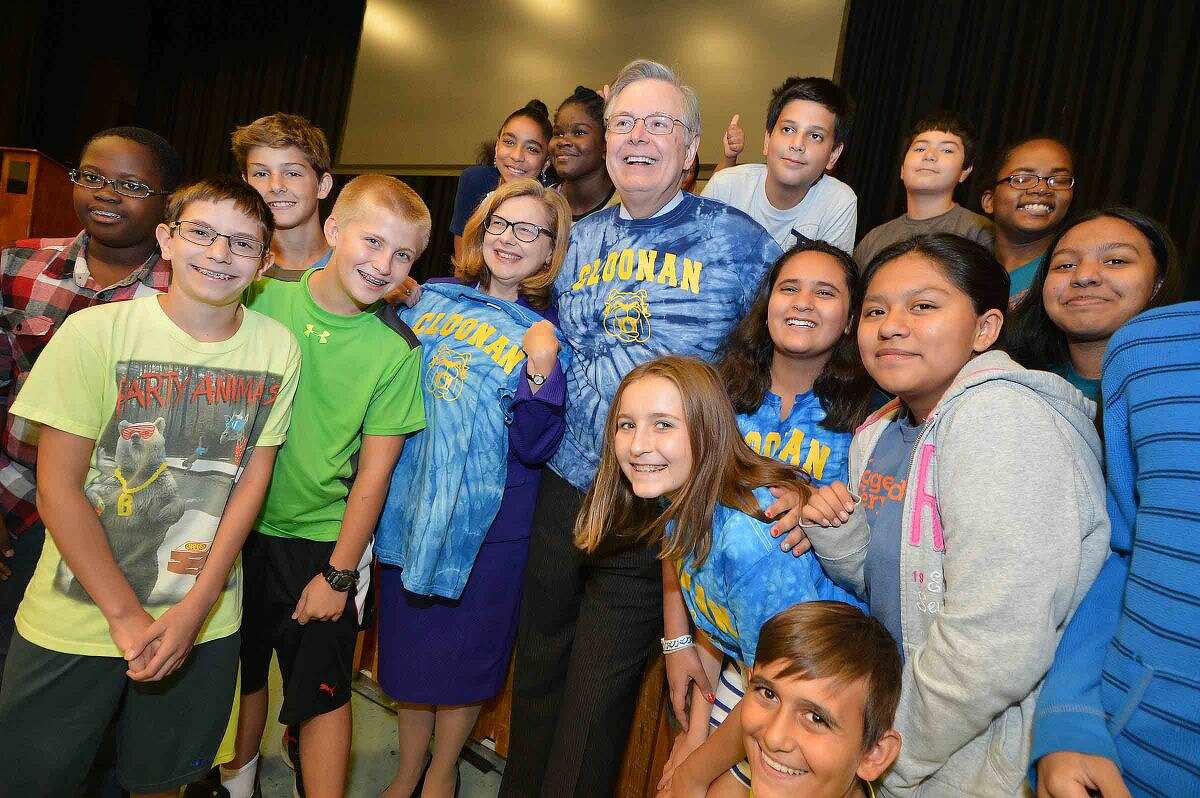 Hour Photo/Alex von Kleydorff Connecticut Commissioner of Education Dr. Dianna Wentzell and Mayor David Martin join students at Cloonan Middle School to celebrate their CFES standing