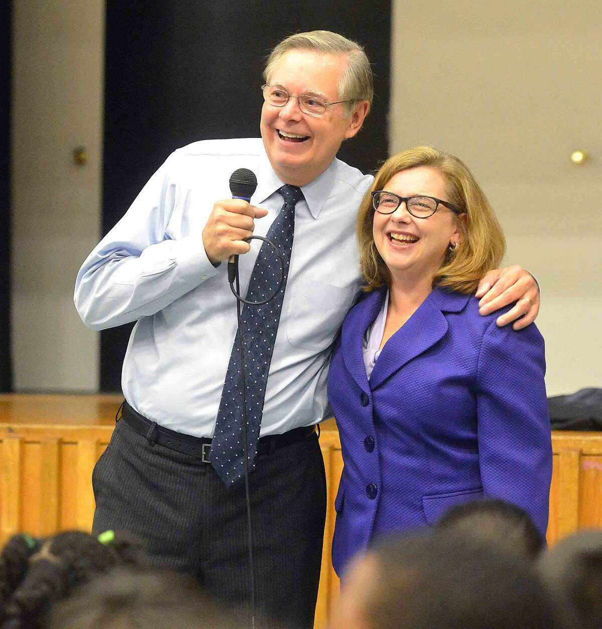 Hour Photo/Alex von Kleydorff Connecticut Commissioner of Education Dr. Dianna Wentzell and Mayor David Martin speak to the students at Cloonan Middle School about Their CFES rating, College for every student.