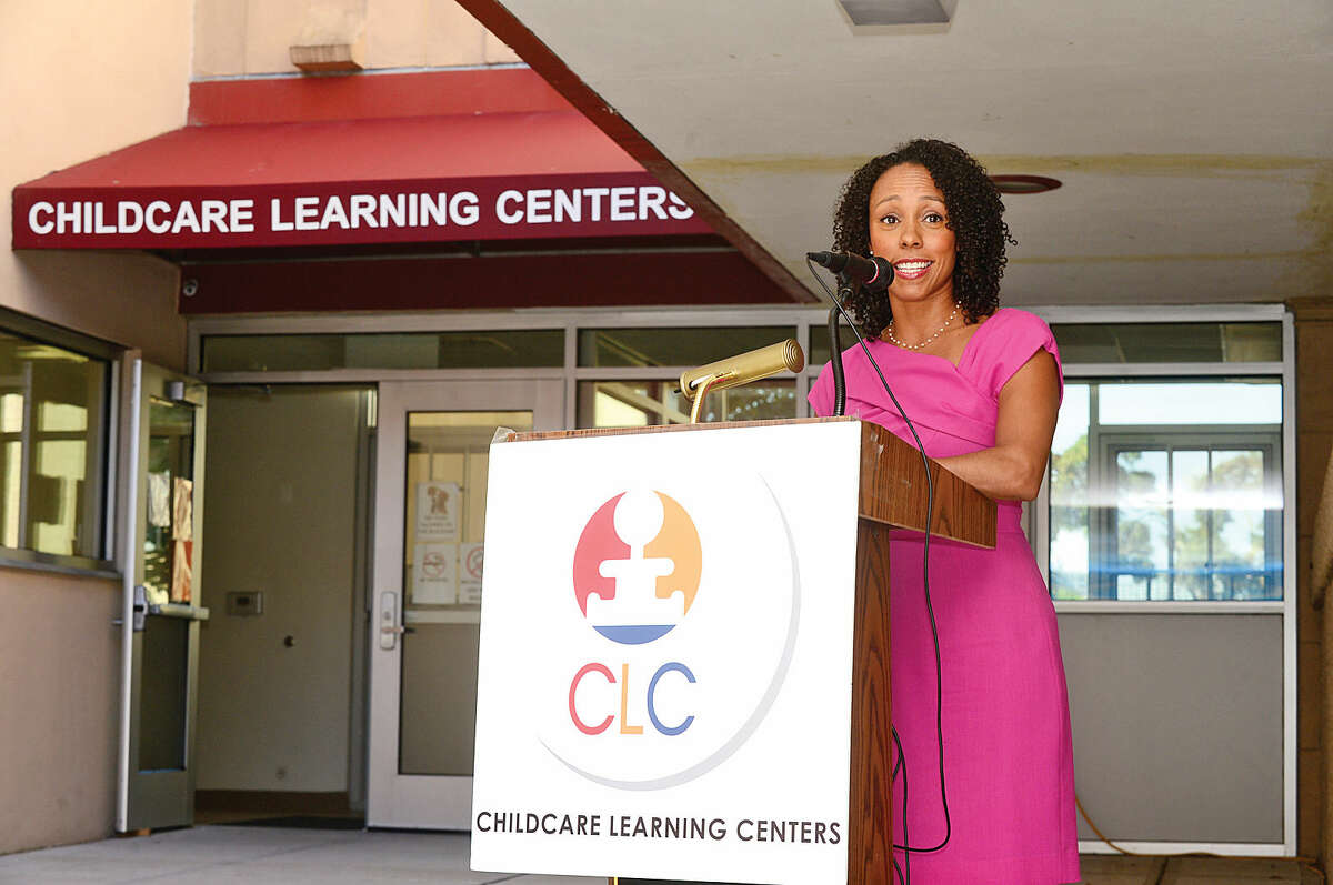 Connecticut Office of Early Childhood Commissioner of Education Dr. Myra Joes-Taylor speaks as Childcare Learning Centers (CLC) marks the opening of its eighth Stamford location, the Lockwood Wing, with a ribbon-cutting ceremony at the new site on Lockwood Avenue in Stamford.