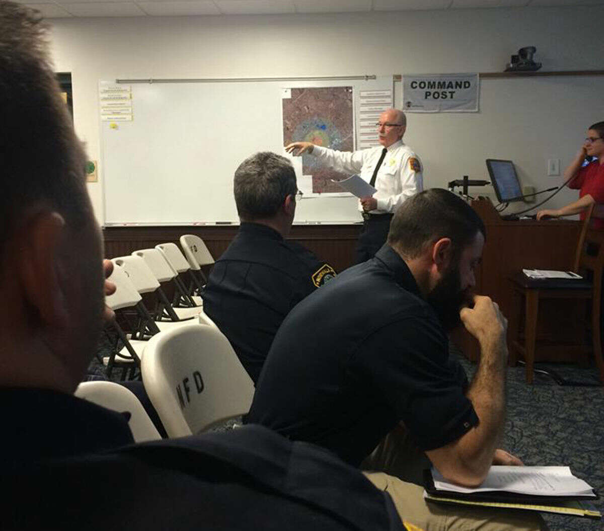 Contributed photo Norwalk Fire Chief/Emergency Management Director Denis McCarthy speaks during a table top active shooter exersise at Norwalk Fire Department Headquarters Wednesday