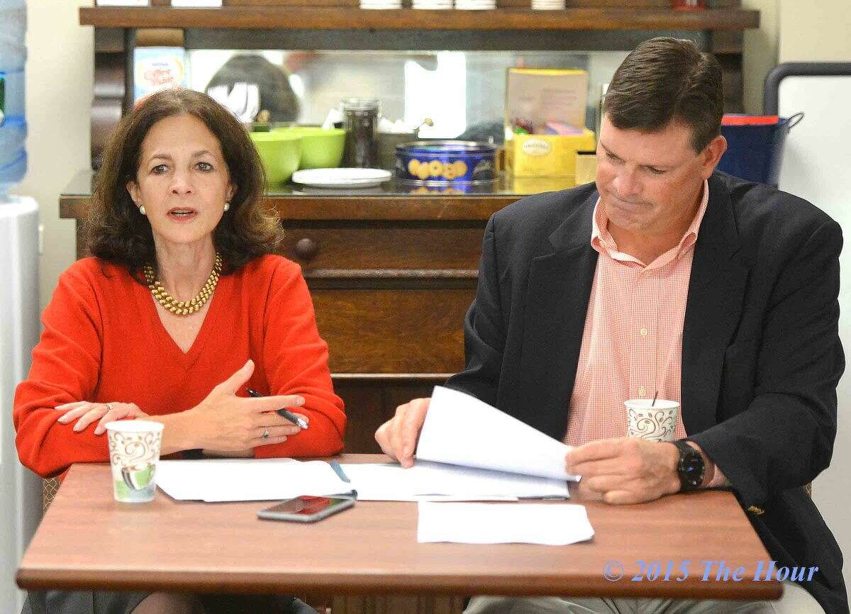State Rep's Gail Lavielle and Tom O'Dea talk with seniors about senior-related laws that were passed in the last session during an informational update at the Wilton Senior Center.