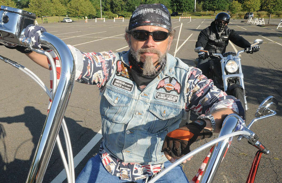 Chuck Yohe on his 98' Harley Davidson Fat Boy Sunday at the Ct. United Ride that leaves from Nordon Park every year, remembering September 11th 2001. Hour photo/Matthew Vinci