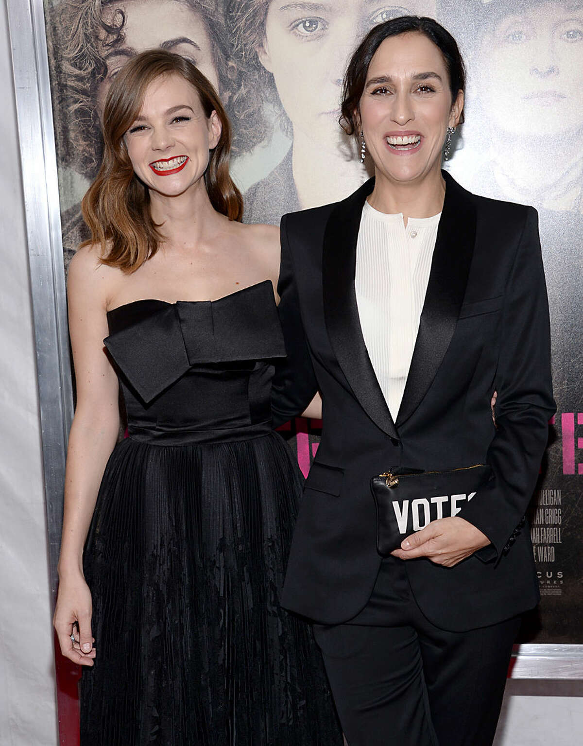 Carey Mulligan, left, and director Sarah Gavron attend the premiere for "Suffragette" at the Paris Theatre on Monday, Oct. 12, 2015, in New York. (Photo by Evan Agostini/Invision/AP)