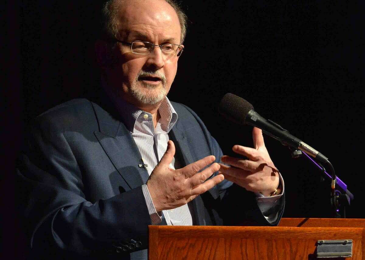 Hour Photo/Alex von Kleydorff Author Salman Rushdie speaks about his new book Two years Eight Months and Twenty-Eight Nights during the Westport Library's Malloy Lecture in the Arts series at Staples High School in Westport Thursday night.