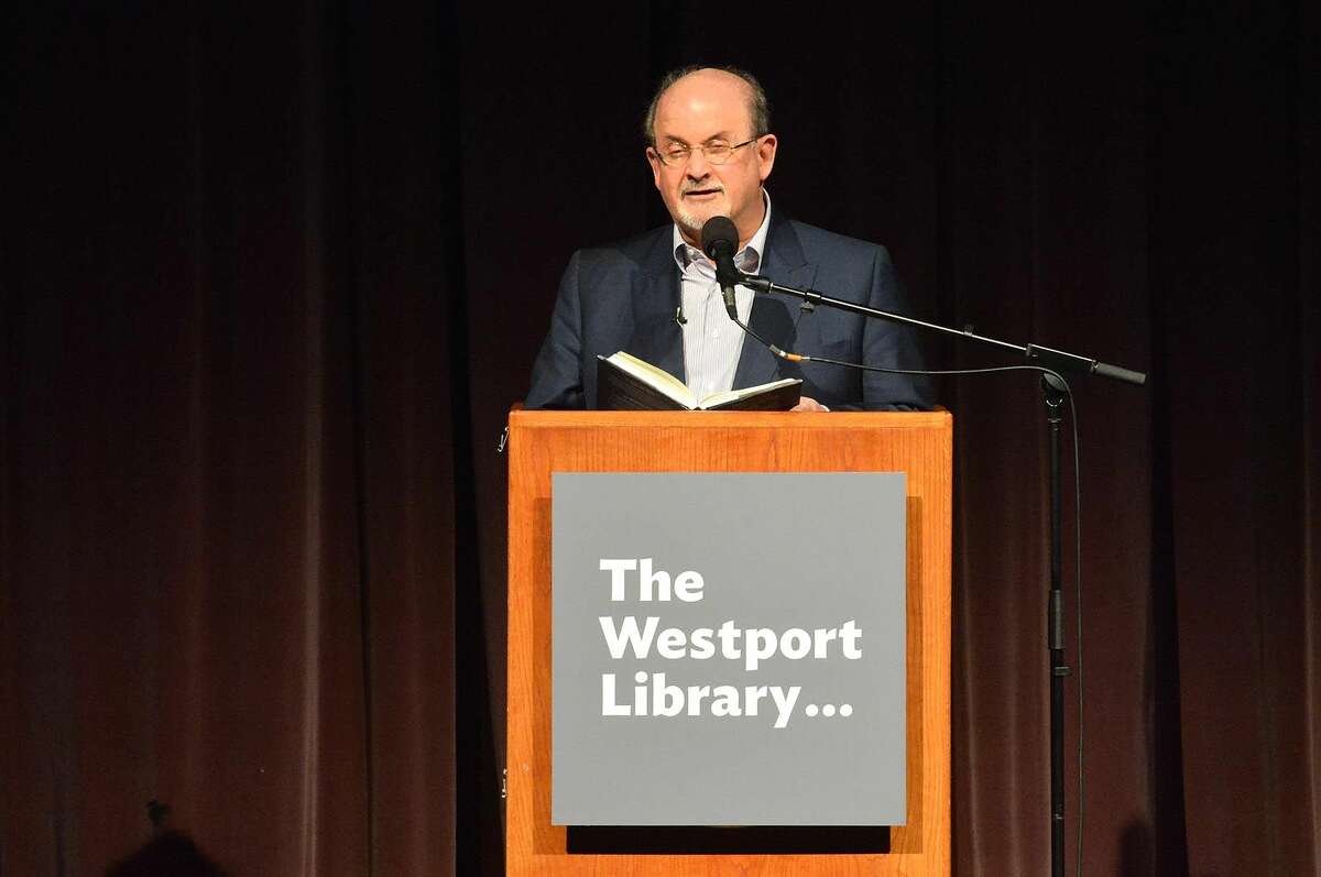 Hour Photo/Alex von Kleydorff Author Salmon Rushdie speaks about his new book Two years Eight Months and Twenty-Eight Nights during the Westport Library's Malloy Lecture in the Arts series at Staples High School in Westport Connecticut Thursday night