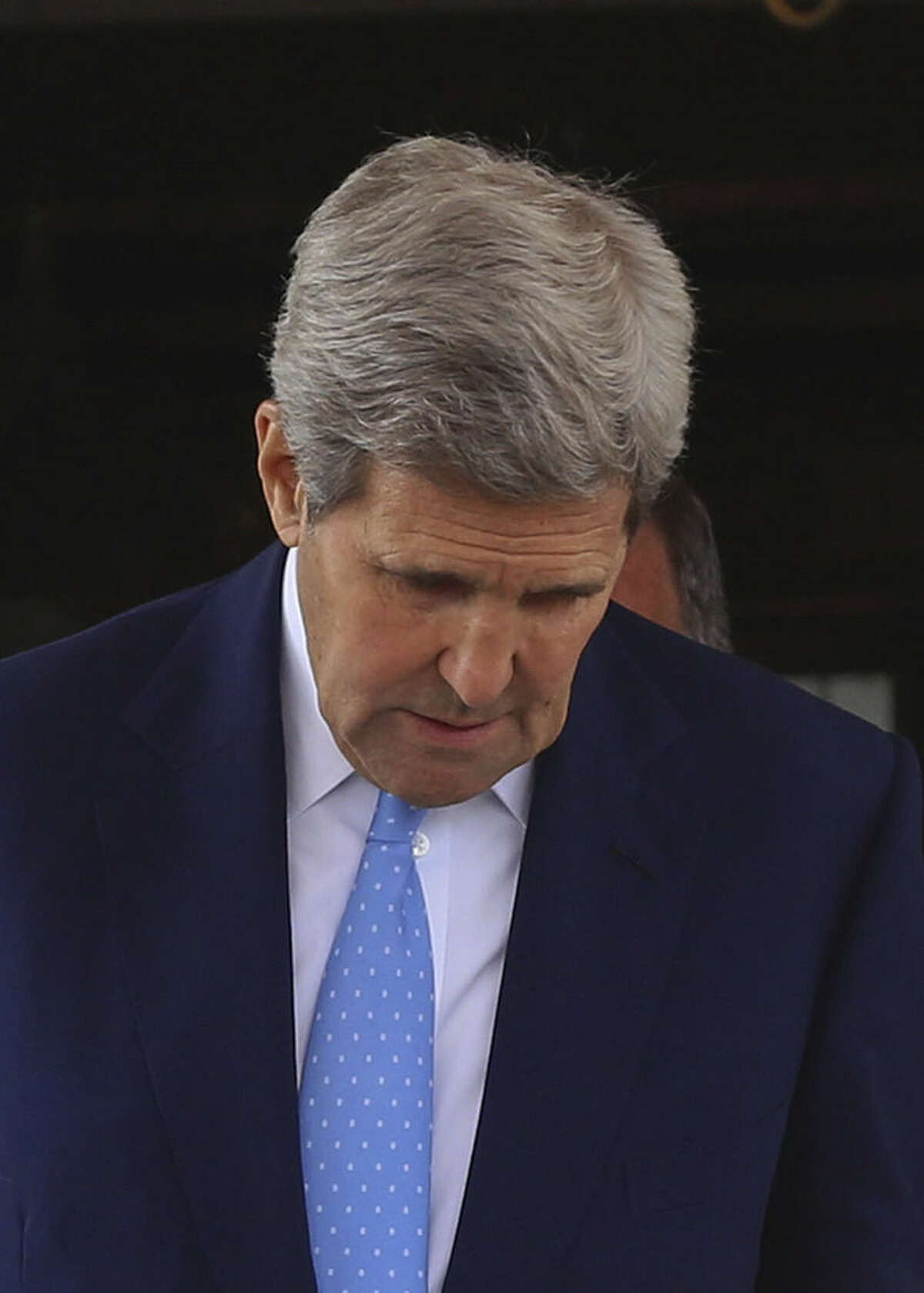 U.S. Secretary of State John Kerry leaves after a meeting with Palestinian President Mahmoud Abbas, in Amman, Jordan October 24, 2015. Kerry said Saturday that Israel and Jordan have agreed on steps aimed at reducing tensions at a holy site in Jerusalem that have fanned Israeli-Palestinian violence. (AP Photo/Raad Adayleh)