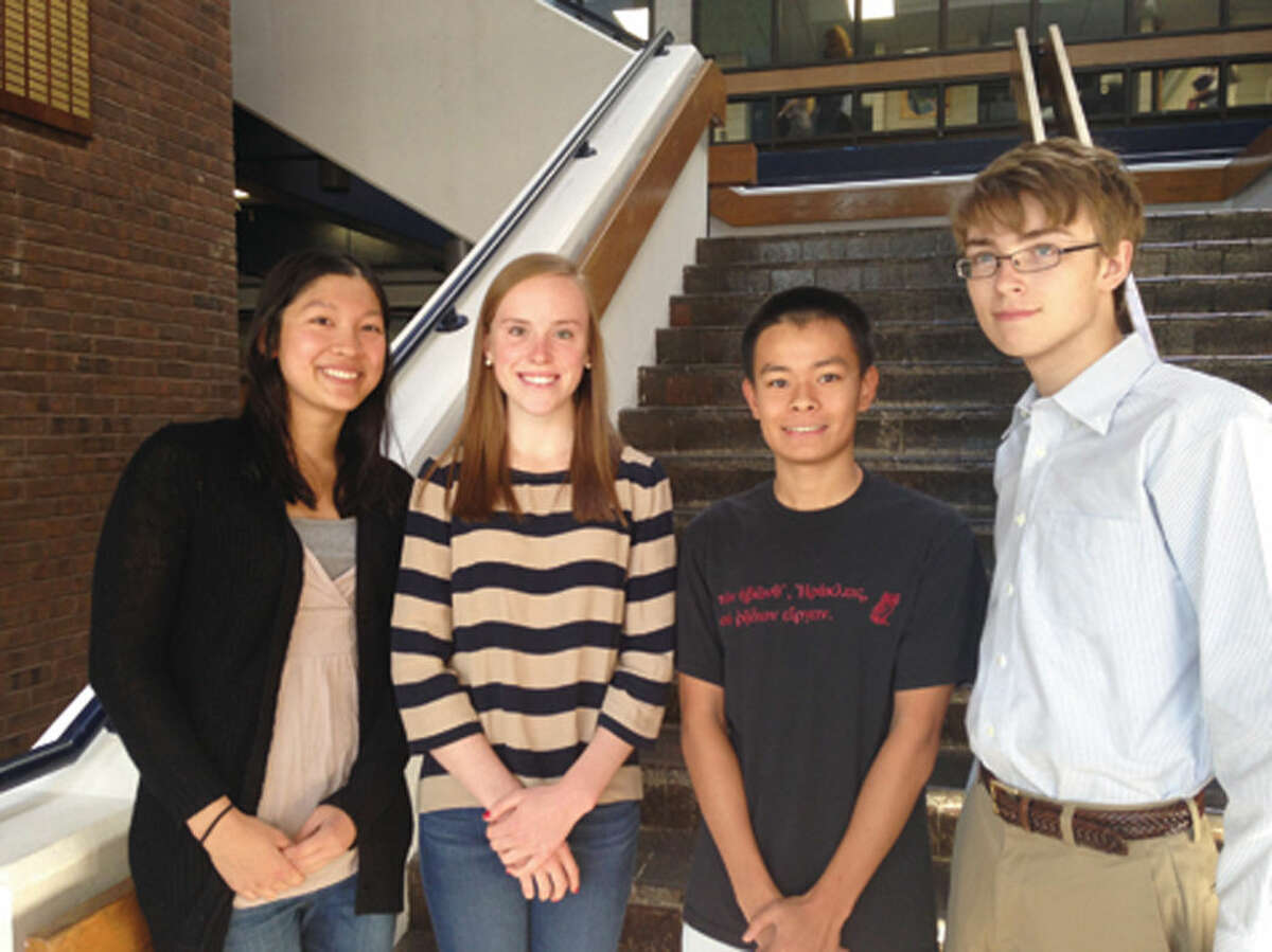 Pictured from left to right are National Merit Scholarship semifinalists: Evaline Xie, Grace Nickel, Daniel Xie and Jeremy Brewer. Not pictured: Kevin Shu.