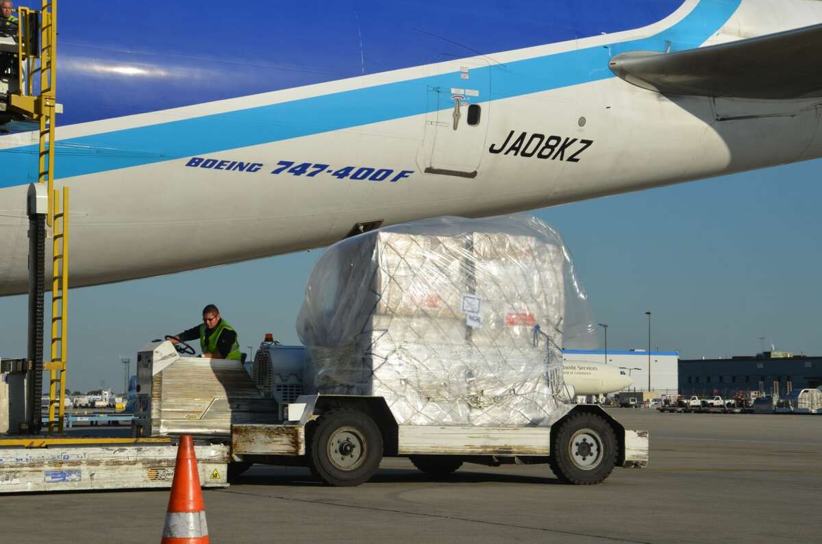 AmeriCares relief supplies are loaded onto a cargo plane at O’Hare International Airport in Chicago on Tuesday, Sept. 23 as part of a humanitarian aid flight organized by Airlink.
