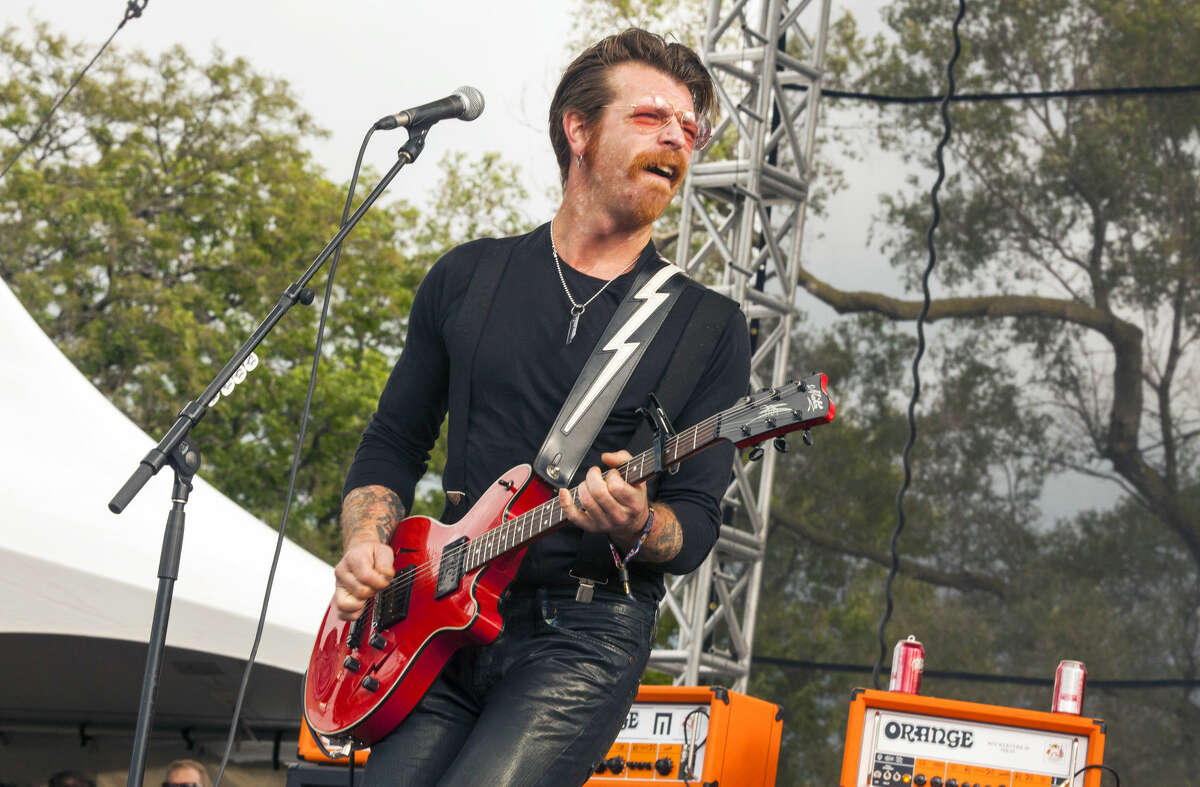 FILE - In this Sept. 11, 2015 file photo, Jesse Hughes of Eagles of Death Metal performs at Riot Fest & Carnival in Douglas Park in Chicago. Hughes was scheduled to perform, Friday, Nov. 13, 2015, with the band at the Bataclan concert hall in Paris where patrons were taken hostage. (Photo by Barry Brecheisen/Invision/AP, File)