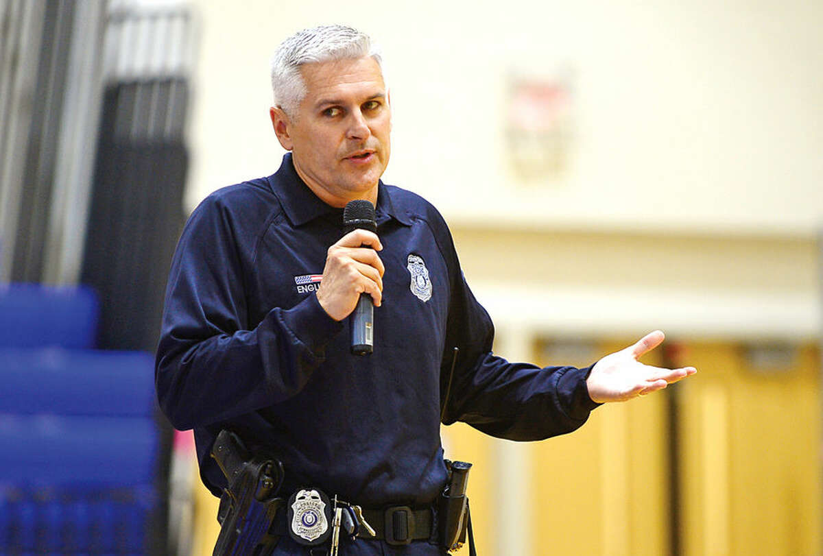 Hour photo / Erik Trautmann School resource officer Patrick English participates in a panel discussion as Brien McMahon High School celebrates their second annual Senators Don’t Bully Day Wednesday. Students also attended small group sessions to discusss CT bullying laws, case studies and watch the movie Bully.