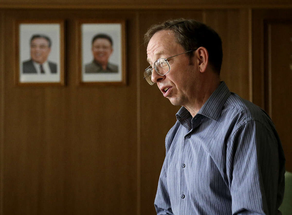 FILE - In this Sept. 1, 2014, file photo, Jeffrey Fowle, an American detained in North Korea speaks to the Associated Press in Pyongyang, North Korea. Fowle, one of three Americans being held in North Korea, has been released, the State Department said Tuesday, Oct. 21, 2014. State Department deputy spokeswoman Marie Harf said the U.S. is still trying to free Americans Matthew Miller and Kenneth Bae. (AP Photo/Wong Maye-E, File)
