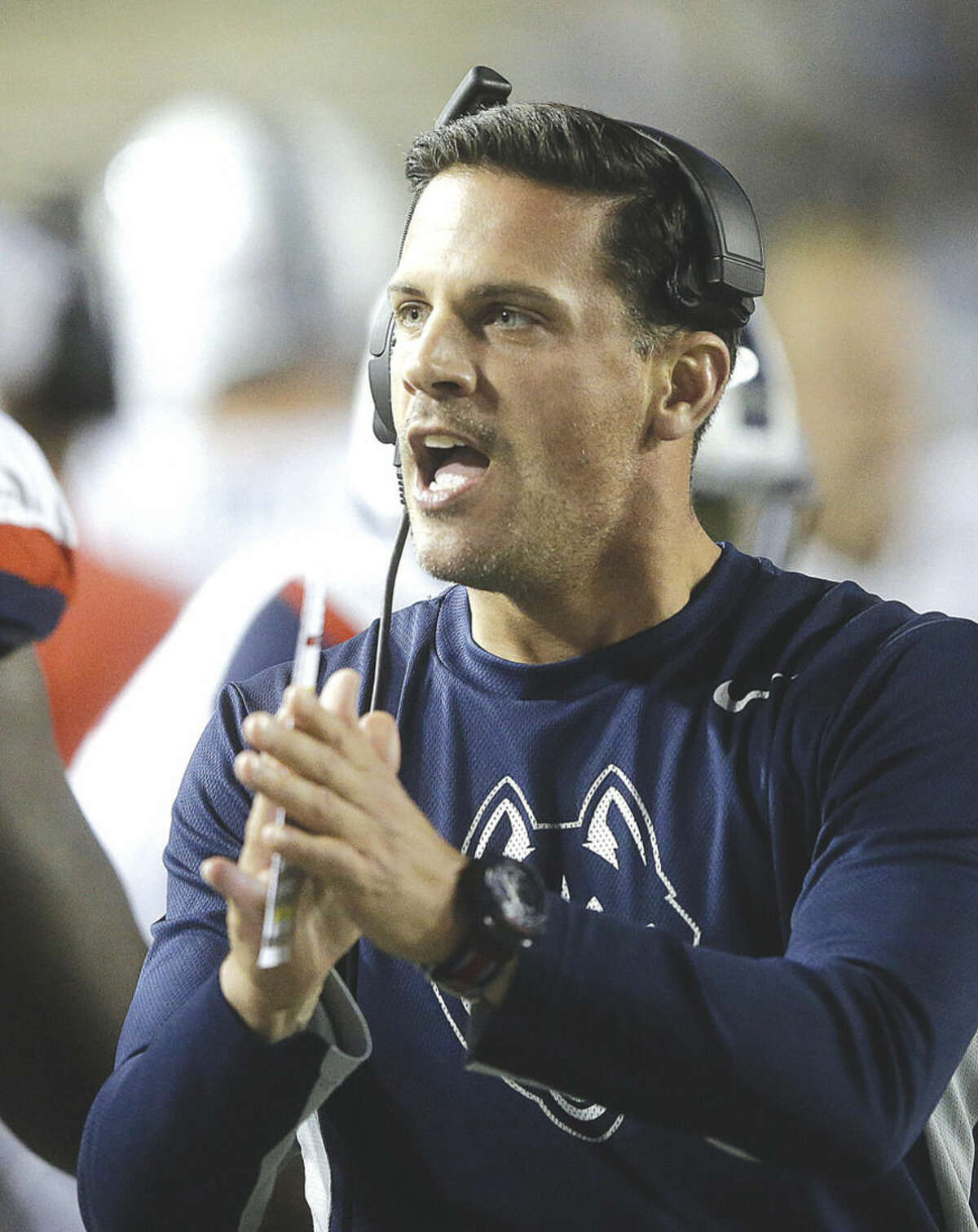 Connecticut head coach Bob Diaco shouts to his team in the first half during an NCAA college football game against BYU Friday, Oct. 2, 2015, in Provo, Utah. (AP Photo/Rick Bowmer)