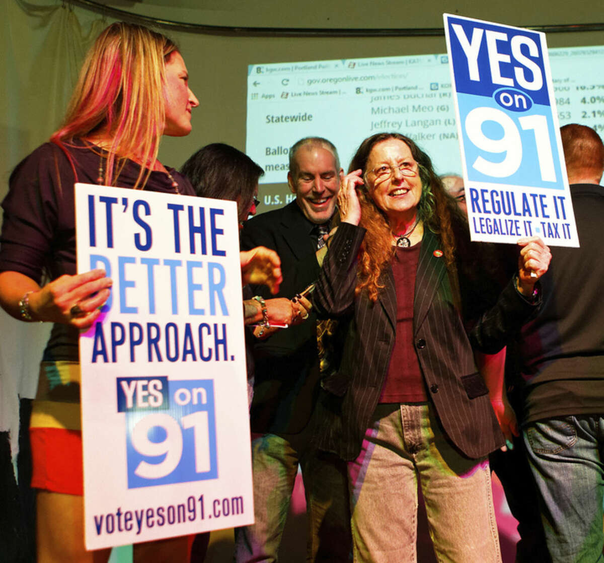 Supporters for the legalization of marijuana celebrate at the Measure 91 party at Holocene night club in Portland, Ore., on Tuesday, Nov. 4, 2014. Oregon voters legalized recreational pot use Tuesday, making the state the third to approve the drug for commercial sales. (AP Photo/The Oregonian, Madeline Stone)