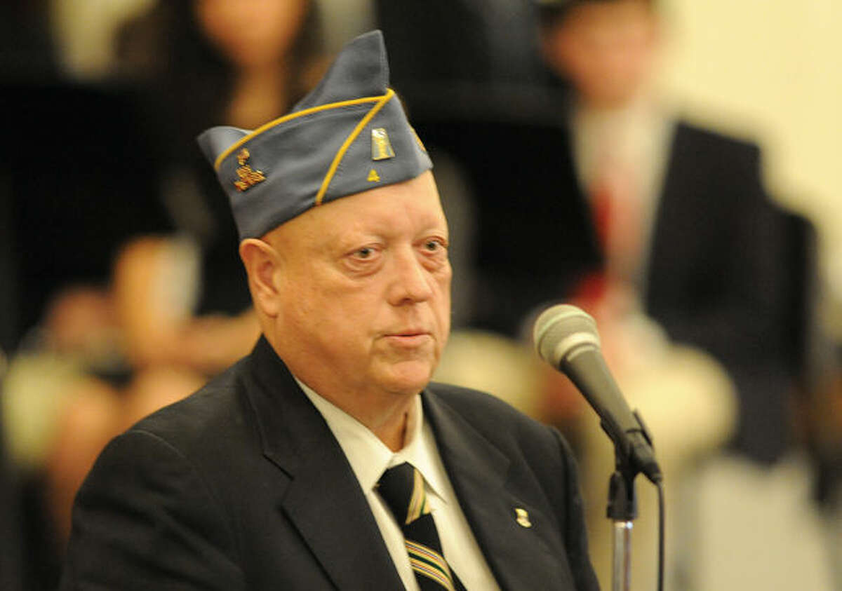 Cortland Mehl US Army Ret. Speaks Monday at the Stamford High School History and Music Departments that presented a Veterans Day assembly to recognize and honor veterans who have proudly served our country. Photo/Matthew Vinci