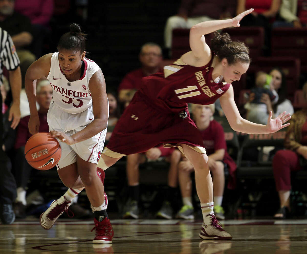 Stanford guard Amber Orrange dribbles past Boston College guard Nicole Boudreau (11) during the second half of an NCAA college basketball game Friday, Nov. 14, 2014, in Stanford, Calif. (AP Photo/Marcio Jose Sanchez)