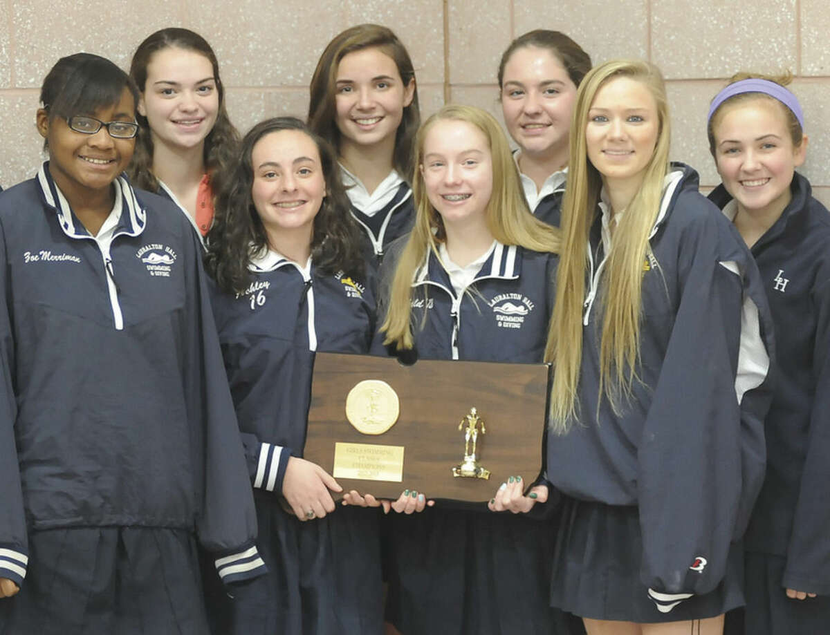 Hour photo/John Nash Eight Norwalk residents were part of Lauralton Hall's Class M state swim championship this past season. They include, front row, from left, Zoe Merriman, Ashley Evens, Emma Lenskold, Dakota Meyer, and Lauren Buttling; and back row, from left, captain Marissa Favano, Shannon Buttling, and Caroline Favano. Dakota Meyer and Shannon Buttling were All-State swimmers.